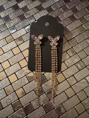 Gold Crystal Drop Butterfly Earrings with Clear Marquise Stones - Women Jewelry